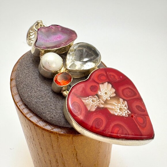 VTG Sterling Silver 925 Multi-Gemstone Glass Heart Pendant Size 3.25" Length - Picture 5 of 13
